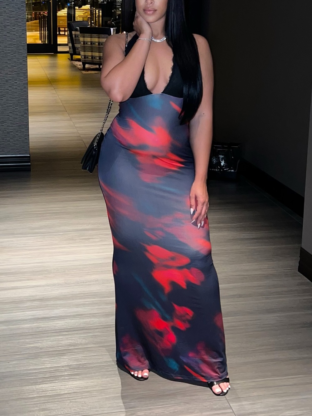 Black & Red Floral Slip Dress with Lace Halter